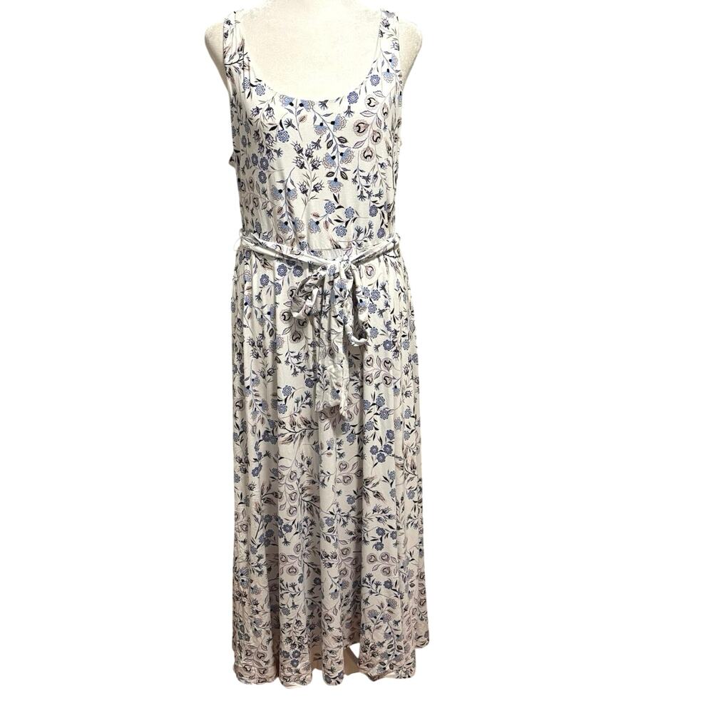 LOFT Size L Belted Maxi Dress Stretch Jersey Knit Floral Print Tank White Purple